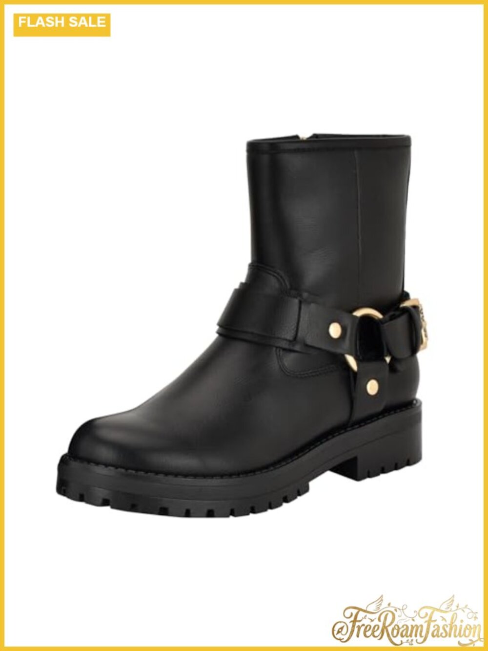 Ankle Bootie with Buckle Harness Straps & Block Heel Faux Leather